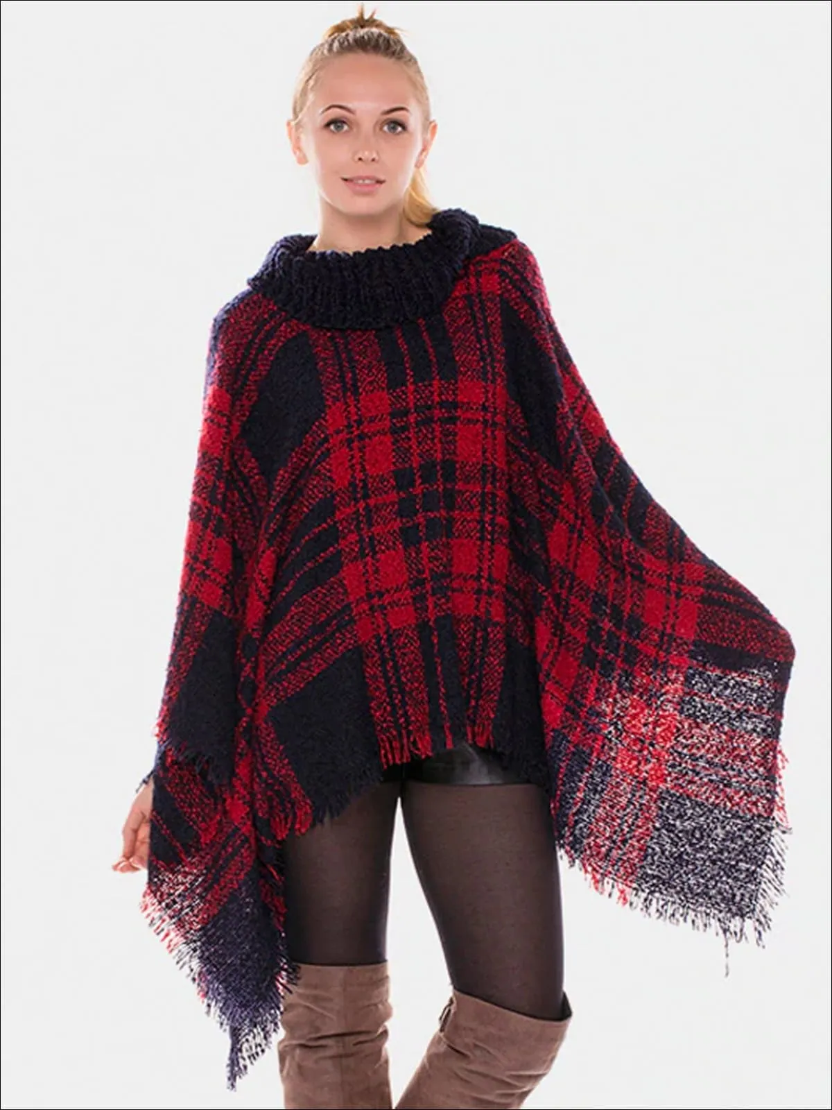 Women's Fall Casual Plaid Turtleneck Poncho