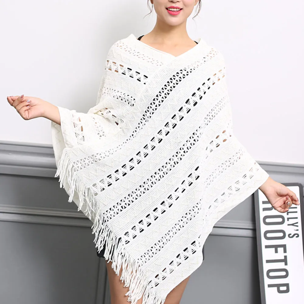 Womens Knit Poncho with Fringe