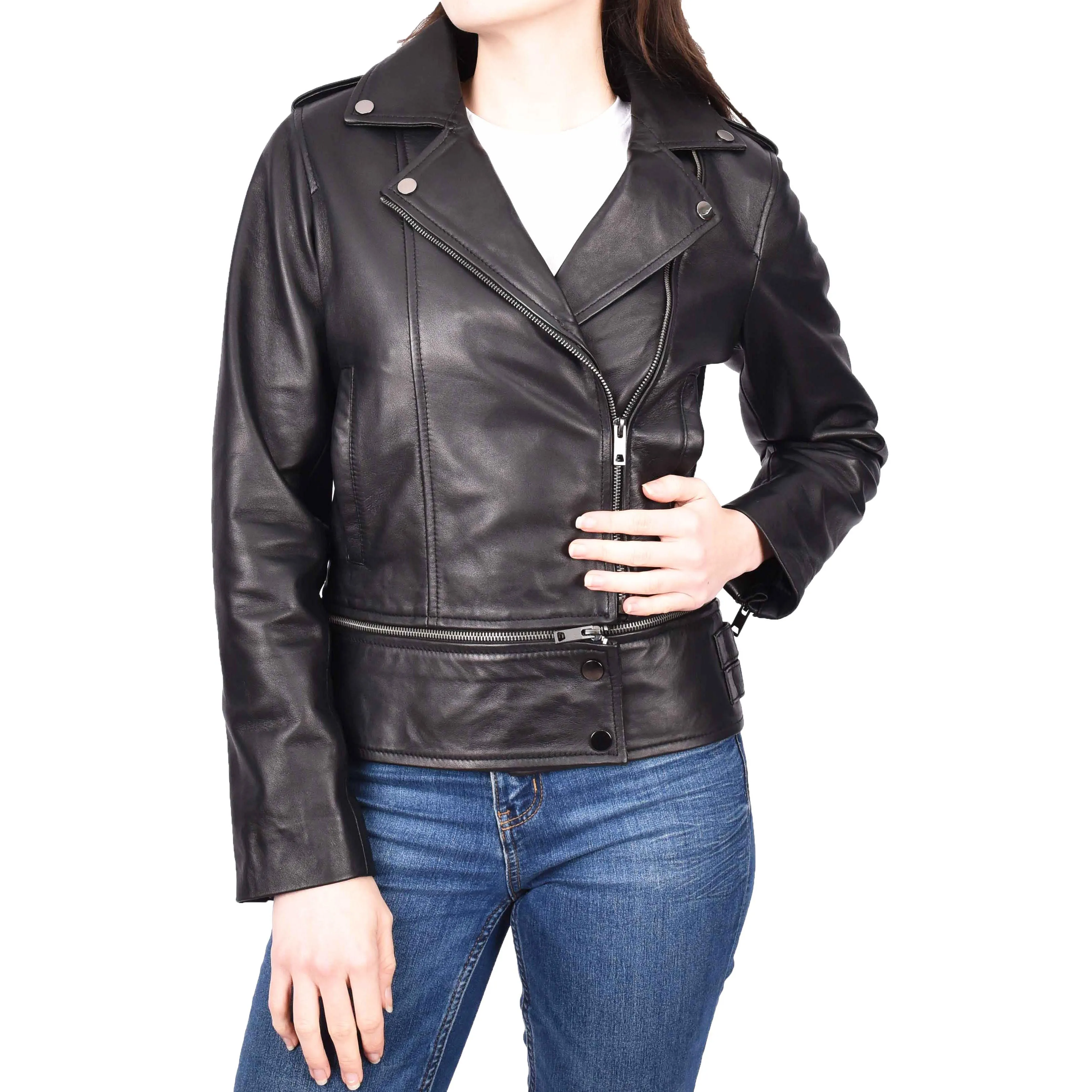 Womens Real Leather Jackets 2 in 1 Style Biker Bolero Zip Off Design Arden Black