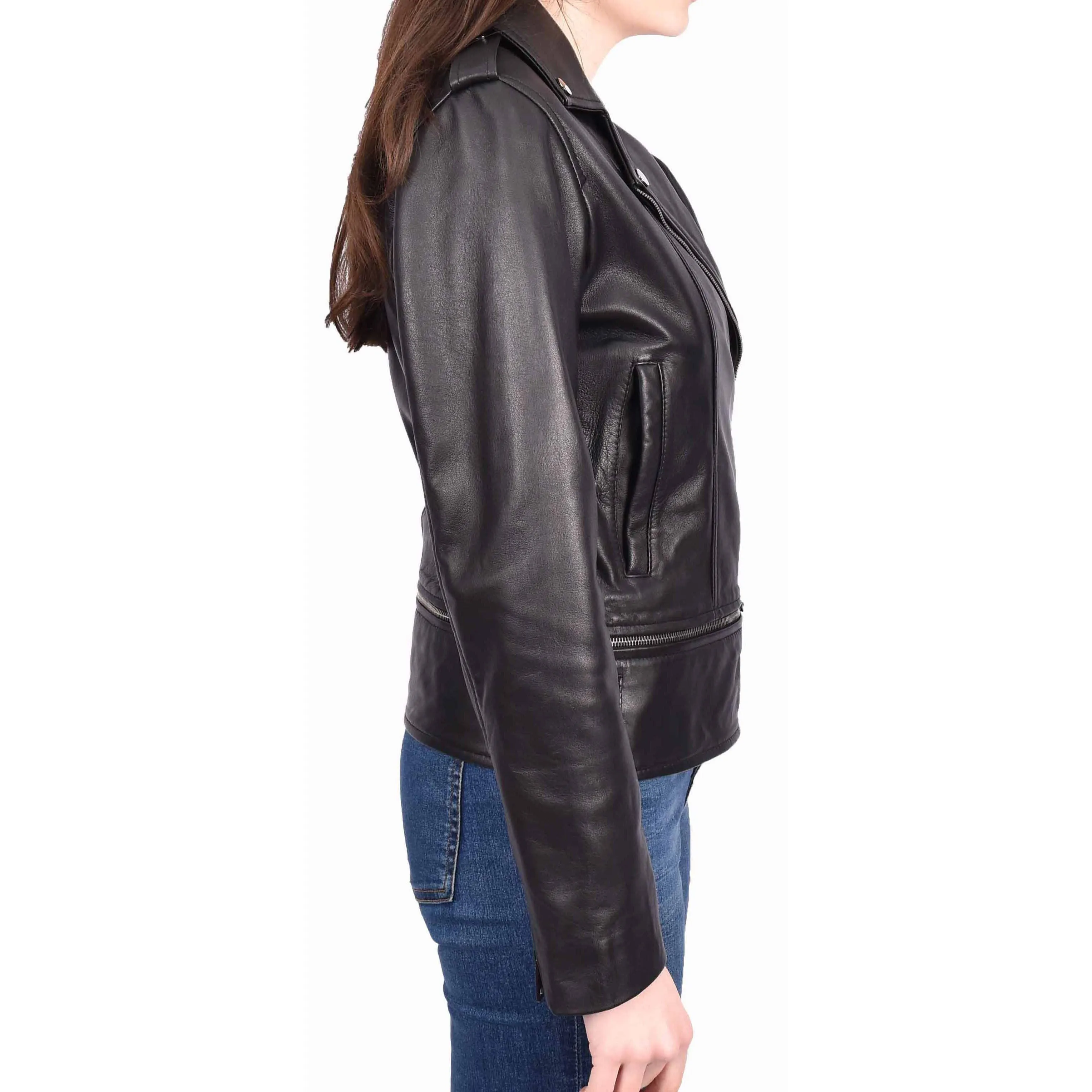 Womens Real Leather Jackets 2 in 1 Style Biker Bolero Zip Off Design Arden Black