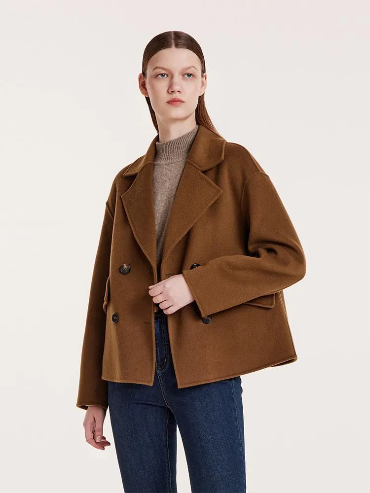 Wool And Cashmere Double-Faced Notched Lapel Short Women Coat