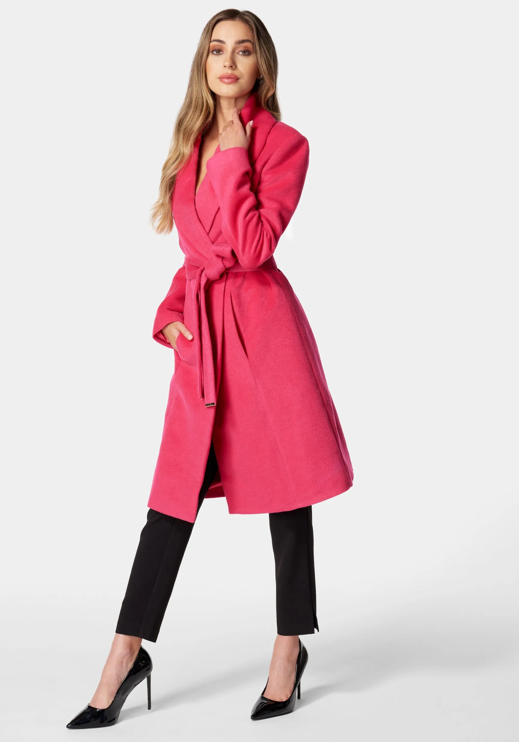 Wool Blended Shawl Collar Wrap Coat