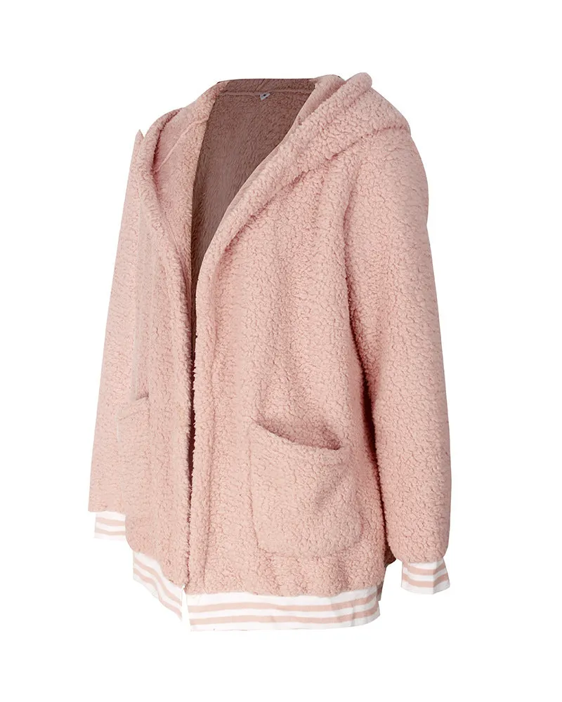 Zip Up Long Sherpa Jacket With Hood Fluffy Fleece in Pink