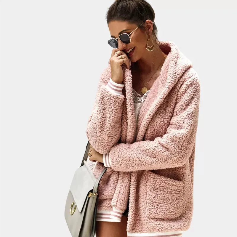 Zip Up Long Sherpa Jacket With Hood Fluffy Fleece in Pink