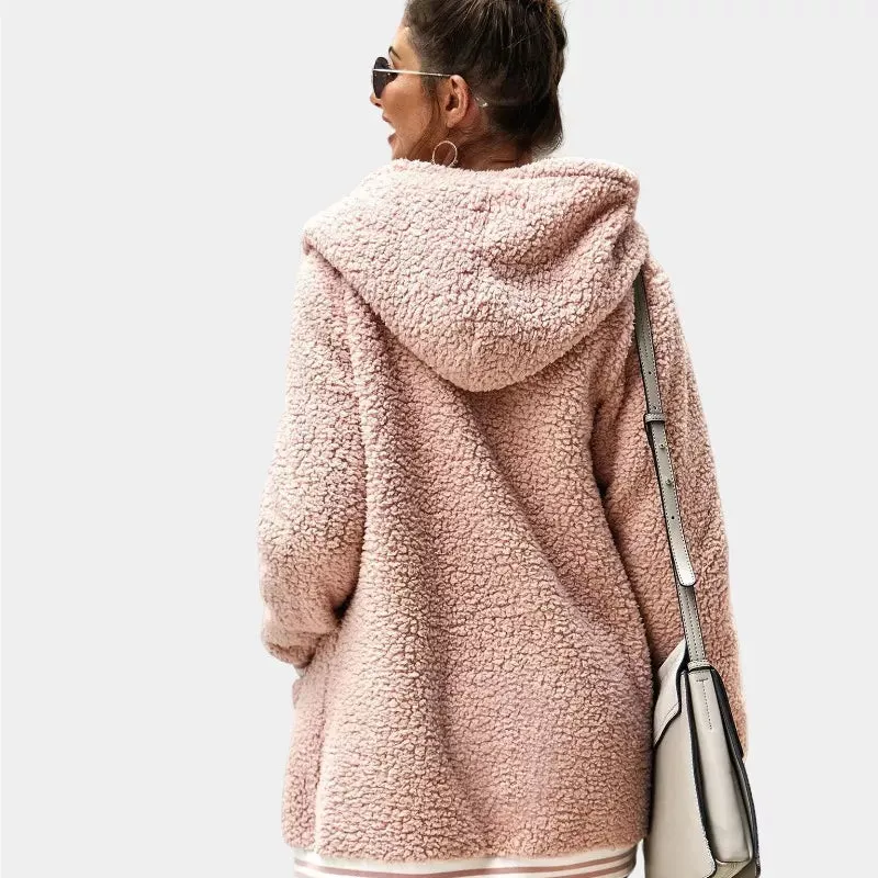 Zip Up Long Sherpa Jacket With Hood Fluffy Fleece in Pink