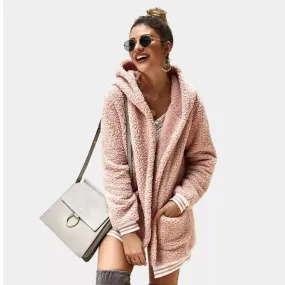 Zip Up Long Sherpa Jacket With Hood Fluffy Fleece in Pink