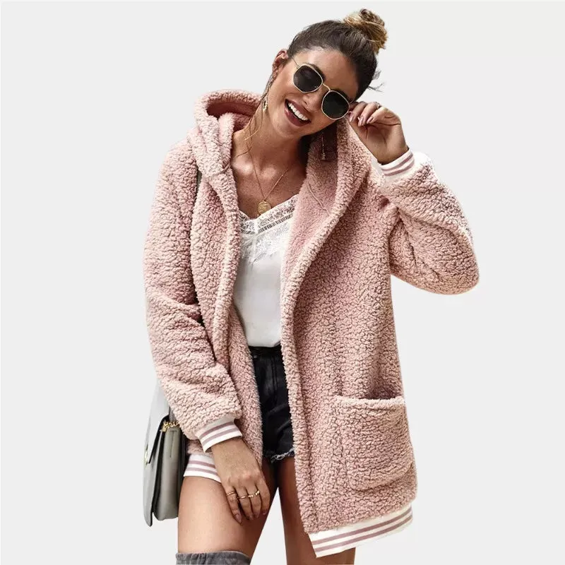 Zip Up Long Sherpa Jacket With Hood Fluffy Fleece in Pink